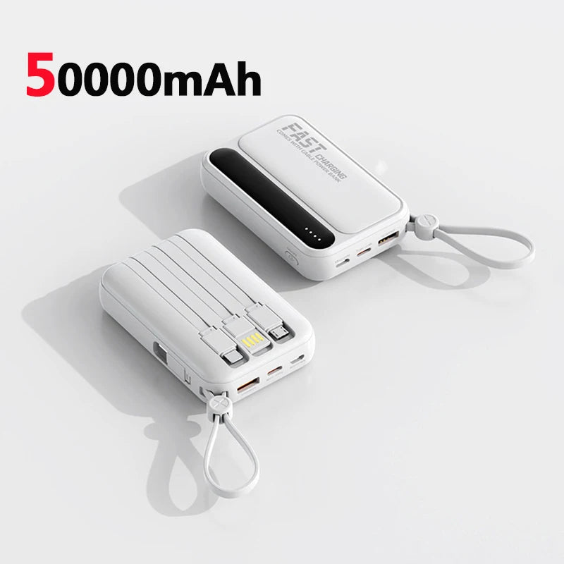 50000mAh Fast Charging Power Bank Large Capacity Built-in 4 Cables Portable Extra Battery Charger For iPhone Samsung Universal