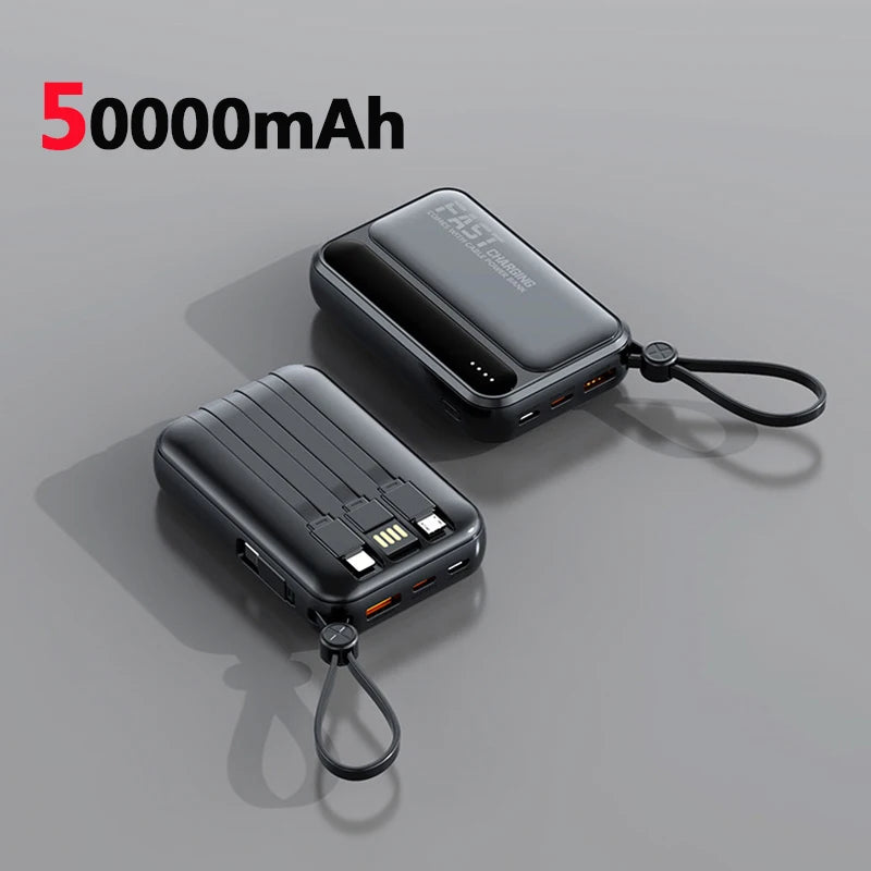 50000mAh Fast Charging Power Bank Large Capacity Built-in 4 Cables Portable Extra Battery Charger For iPhone Samsung Universal
